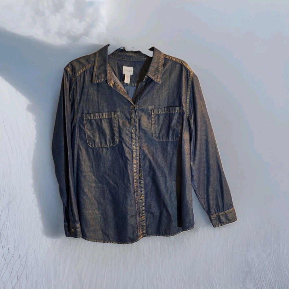 Chicos size 2 Blue Denim Like & Gold Button Up Shirt, Long Sleeve 0073